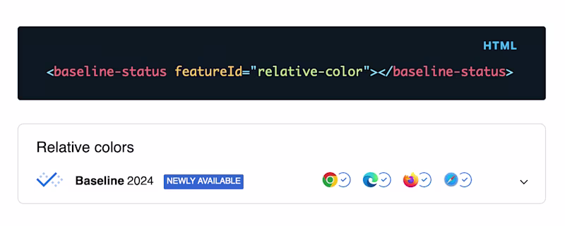 The `baseline-status` widget showing browser support information for relative colors.