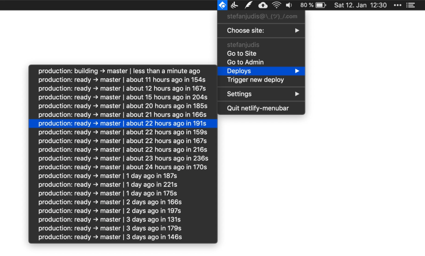 Screenshot of netlify-menubar with an open menu