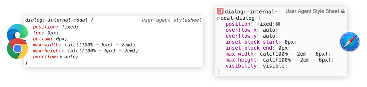 CSS in Chrome, Edge and Safari showing that a modal opened with `showModal` comes with a special '-internal-modal-dialog' pseudo class.