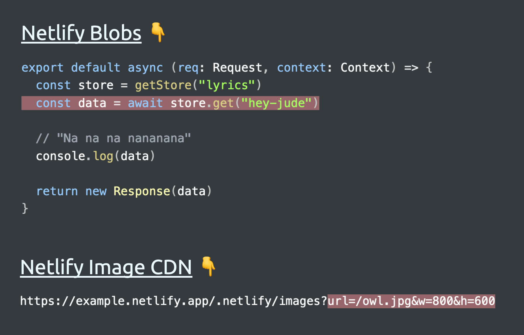 Code examples for Netlify Blobs and Netlify Image CDN