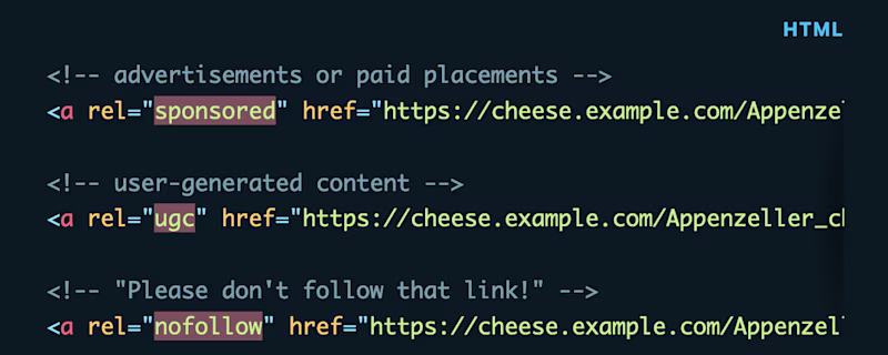 Example HTML including three links with rel "sponsored", "ugc" and "nofollow"