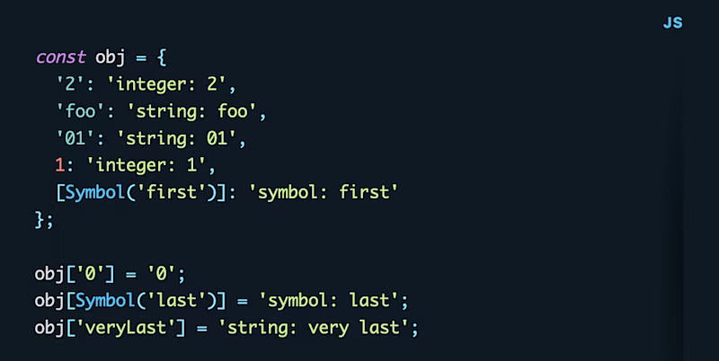 const obj = {   '2': 'integer: 2',   'foo': 'string: foo',   '01': 'string: 01',   1: 'integer: 1',   \[Symbol('first')\]: 'symbol: first' };  obj\['0'\] = '0'; obj\[Symbol('last')\] = 'symbol: last'; obj\['veryLast'\] = 'string: very last';