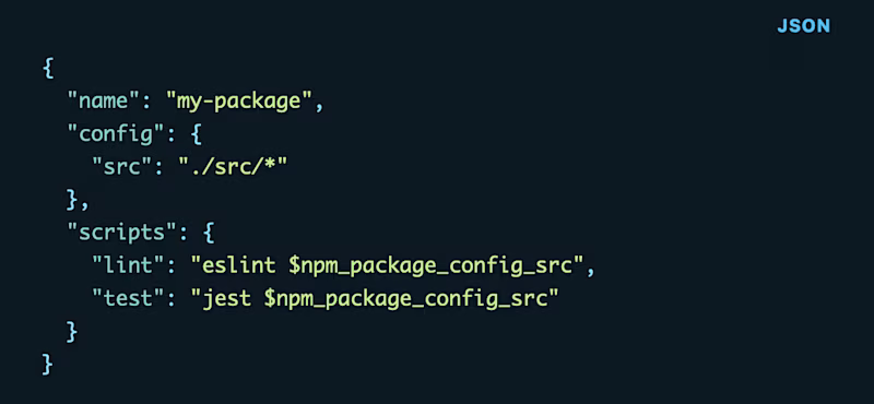package.json example that reuses a config field.