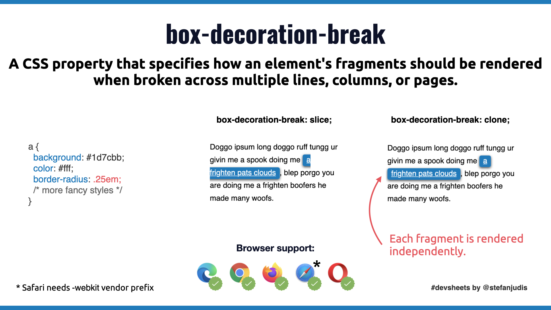 DevSheet showing the difference between box-decoration-break: clone and box-decoration-break: slice