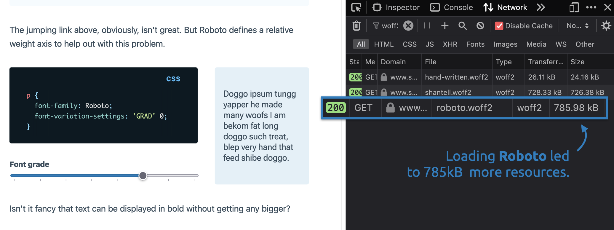 DevTools showing the 785bK weight of Roboto.