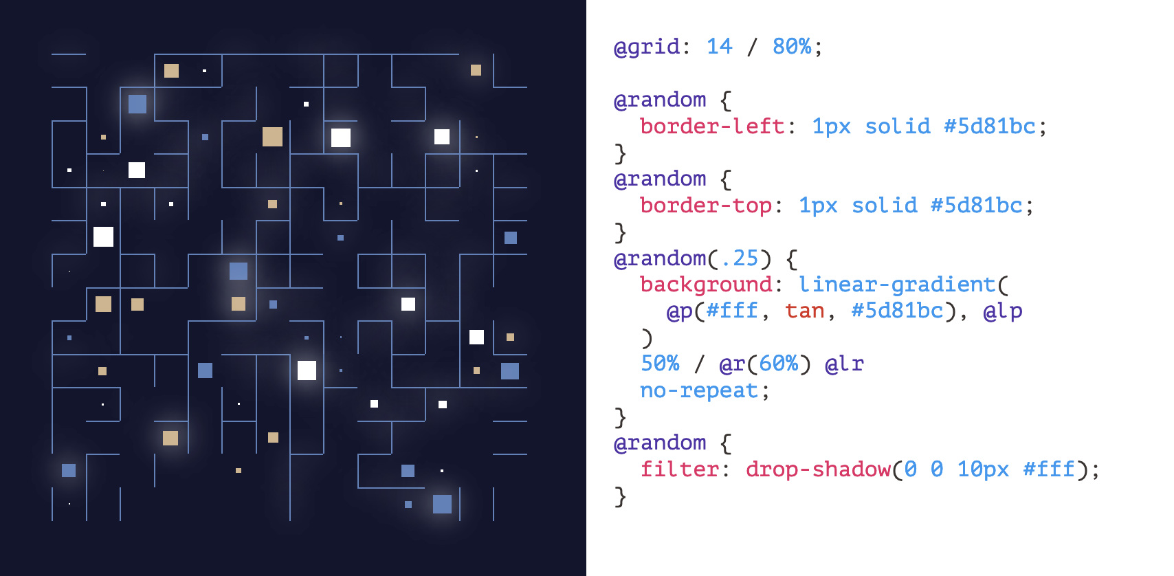 A CSS doodle showing some custom code and a generated maze.