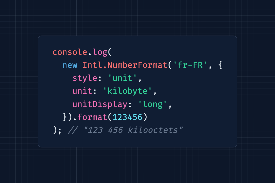 console.log(   new Intl.NumberFormat('fr-FR', {     style: 'unit',     unit: 'kilobyte',     unitDisplay: 'long',   }).format(123456) ); // "123 456 kilooctets"