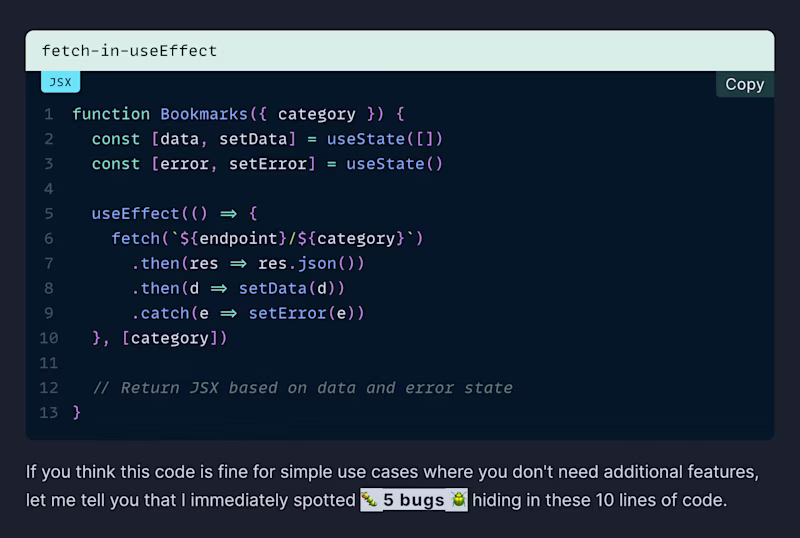 Code snippet using `useEffect` followed by a pragraph stating that there are 5 bugs in it.