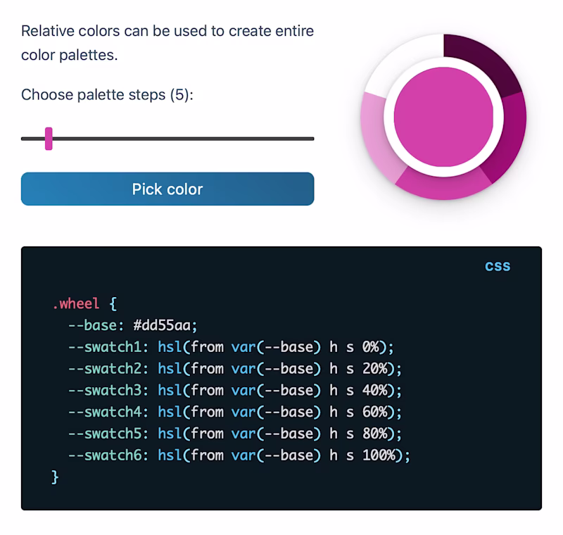 Relative colors examples showing CSS to generate a color palette with CSS.