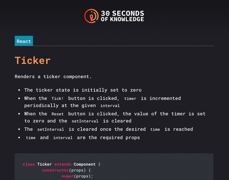 30 seconds of knowledge - Ticker - Renders a ticker component.
