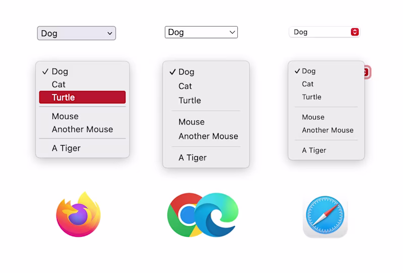 Three select boxes in Firefox, Chromium and Webkit showing horizontal lines in the opened dialog.