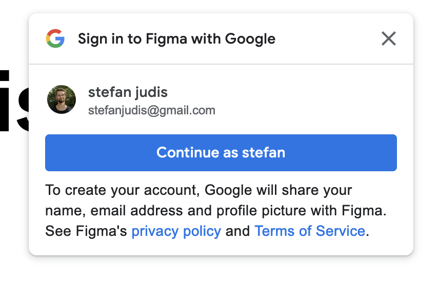 Google Sign-In prompt telling to "Continue as Stefan"