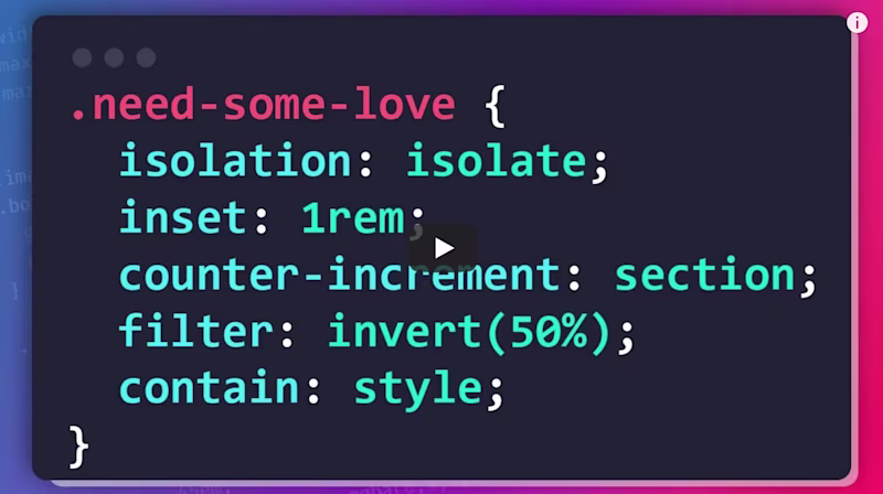 YouTube thumbnail showing the isolation, inset, couter-increment, filter and contain propertiers.