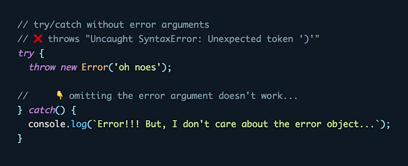 Example of JavaScript throwing for an empty catch block.