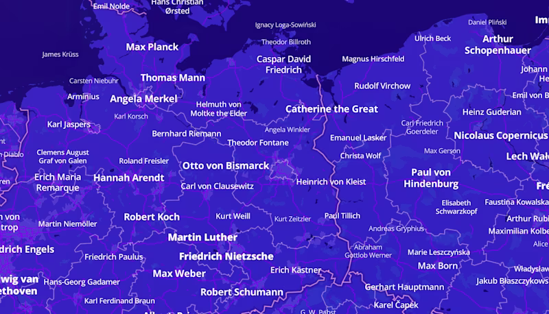 A map showing multiple names of notable people.