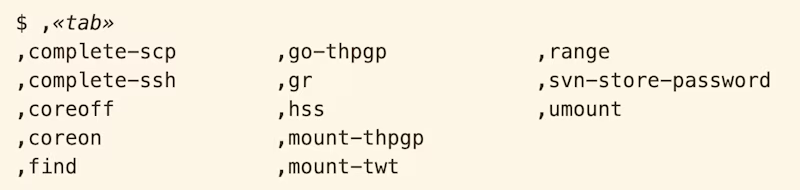 Many shell commands prefixed with a comma