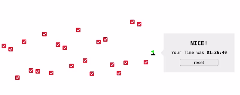 Checkboxes next to the message "Nice. Your time was 01:26:40"