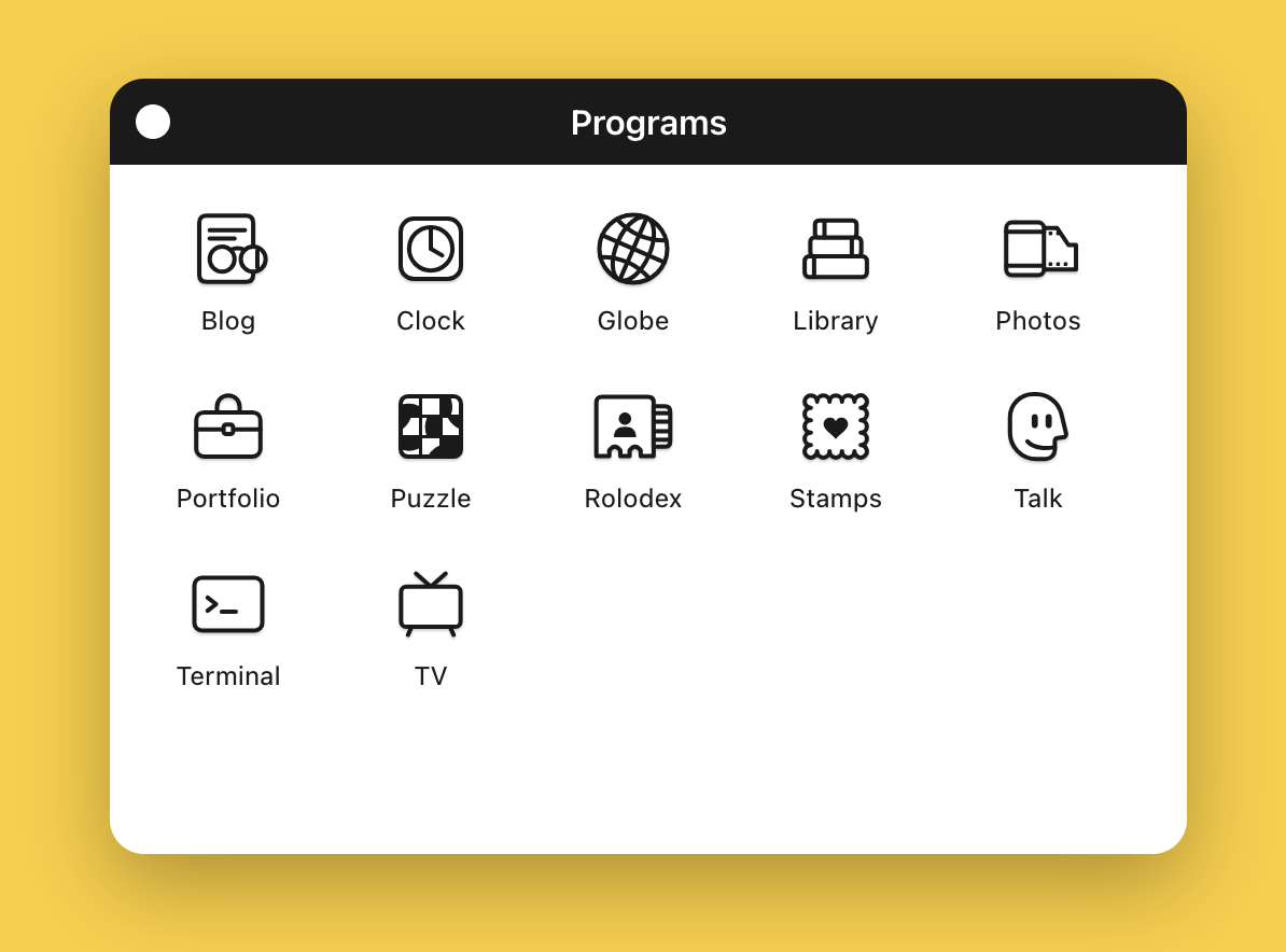 A classical operating system dialog showing different programs: blog, click, globe, etc.