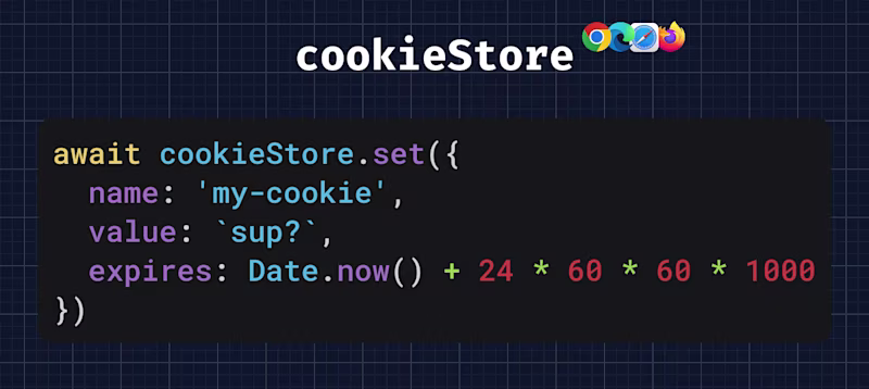 Group 711await cookieStore.set({   name: 'my-cookie',   value: `sup?`,   expires: Date.now() + 24 * 60 * 60 * 1000 })
