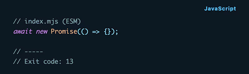 // index.mjs (ESM) await new Promise(() => {}); // ----- // Exit code: 13
