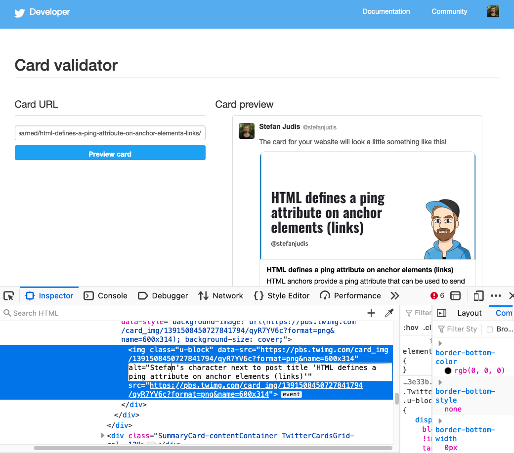 Twitter Card Validator showing the correctly displayed alt text define in meta elements.