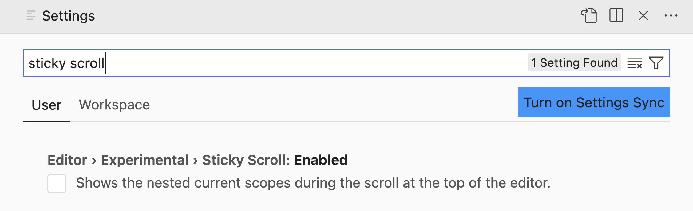 VS Code settings showing the Sticky Scroll option.
