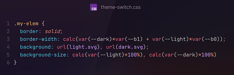 .my-elem {   border: solid;   border-width: calc(var(--dark)*var(--b1) + var(--light)*var(--b0));   background: url(light.svg), url(dark.svg);   background-size: calc(var(--light)*100%), calc(var(--dark)*100%) }