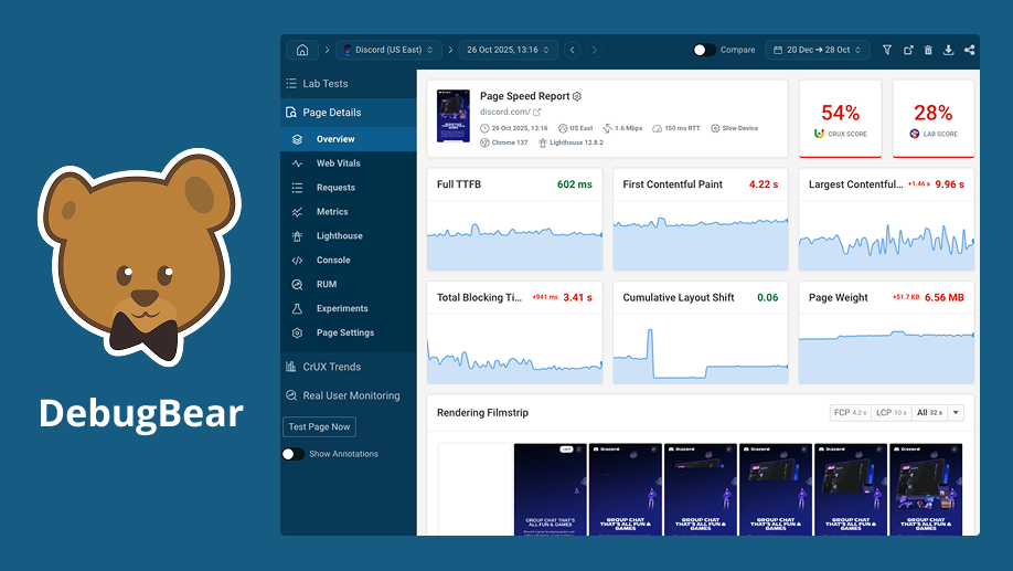 DebugBear interface showing performance statistics.
