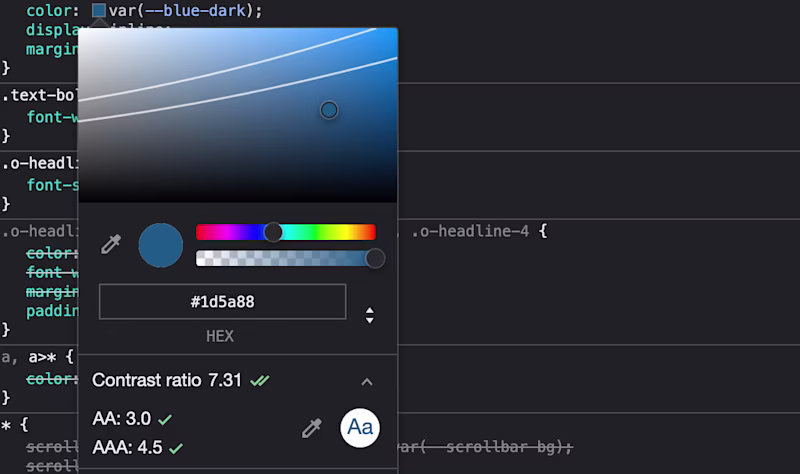 Chrome DevTools color picker showing contrast ratios lines on the color spectrum.