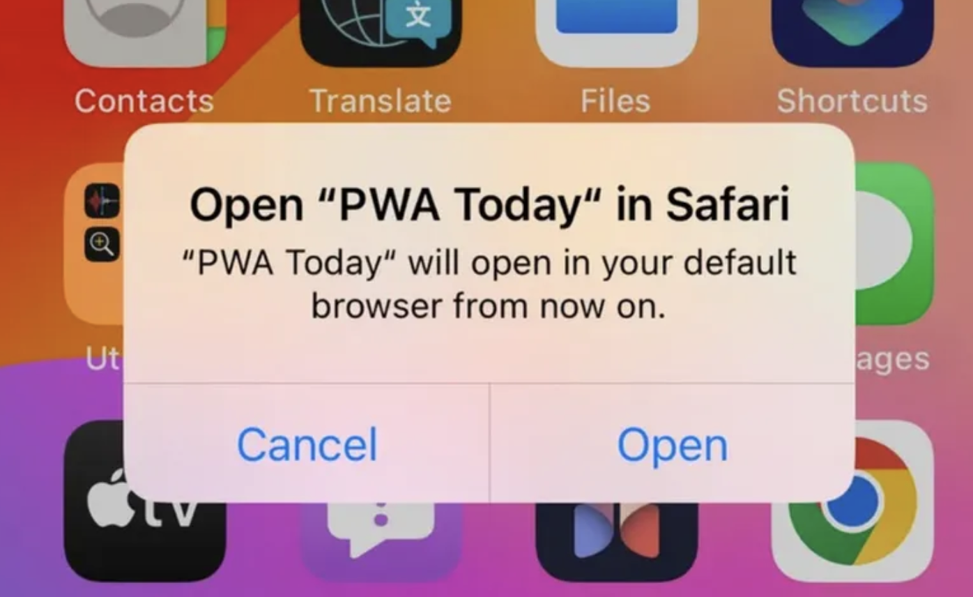 iOS dialog telling that the browser will open in Safari