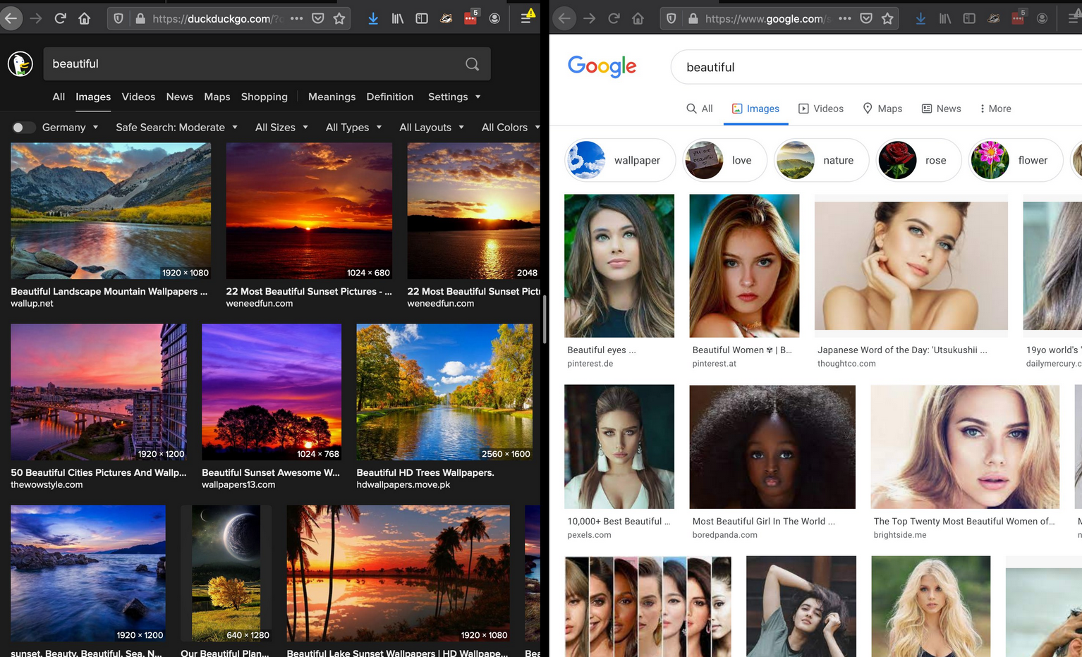 Search results in google and duckduckgo showing women and landscapes for the term beautiful