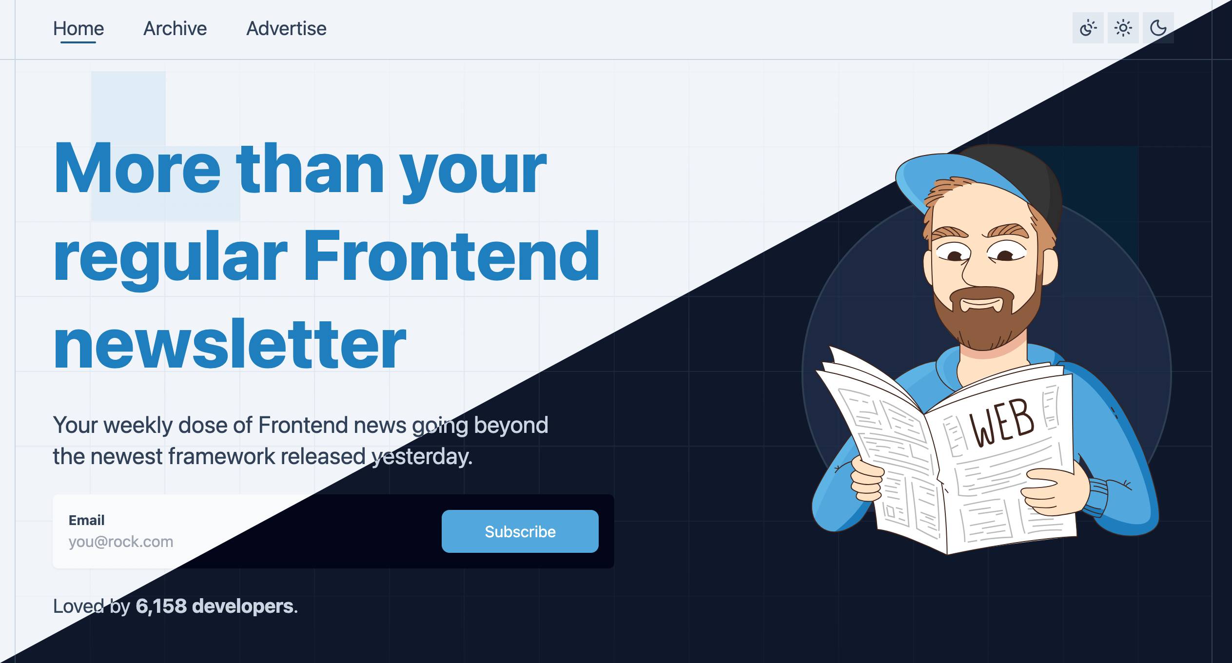 Web Weekly redesign showing the light and dark mode in a split view