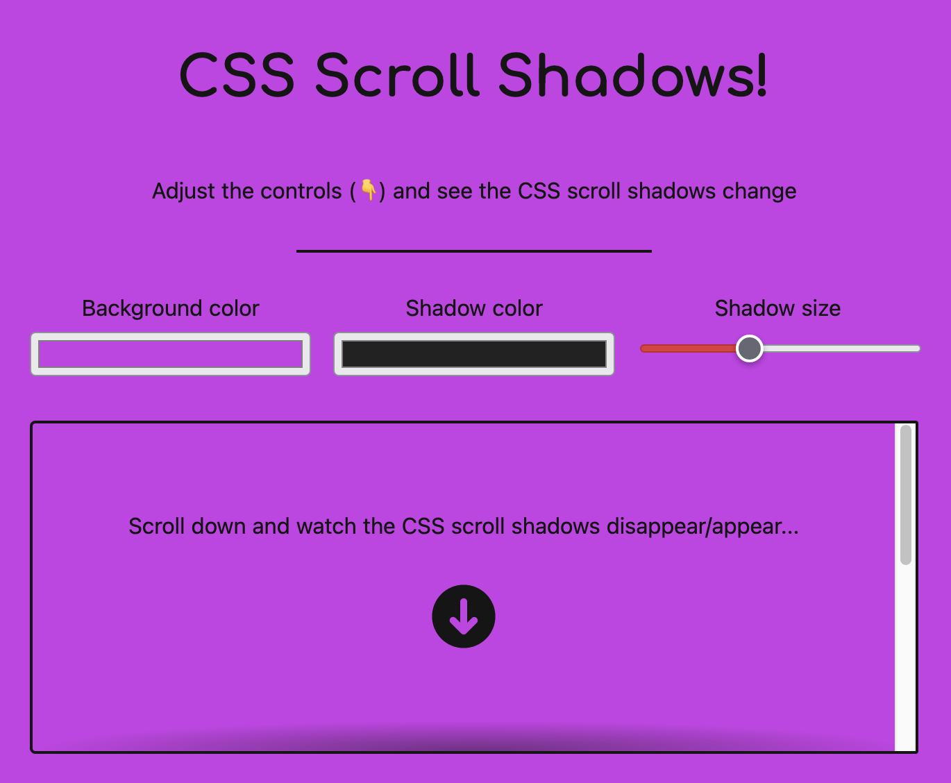CSS Scroll shadows interface to choose colors and shadow size.