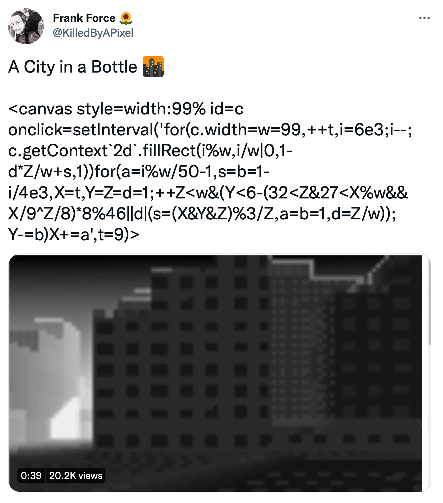 Tweet: "A city in a bottle" followed by source code which renders a city