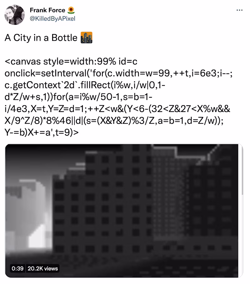 Tweet: "A city in a bottle" followed by source code which renders a city