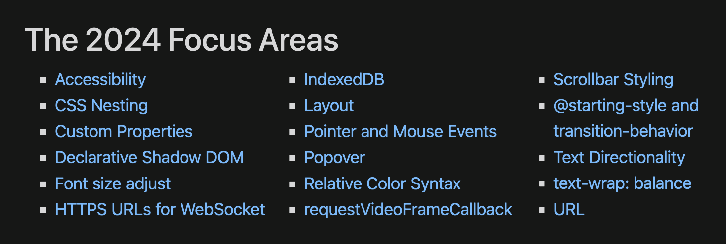 The 2024 Focus Areas - Accessibility - CSS Nesting - Custom Properties - Declarative Shadow DOM - Font size adjust - HTTPS URLs for WebSocket - IndexedDB - Layout - Pointer and Mouse Events - Popover - Relative Color Syntax - requestVideoFrameCallback - Scrollbar Styling - @starting-style and transition-behavior - Text Directionality - text-wrap: balance - URL