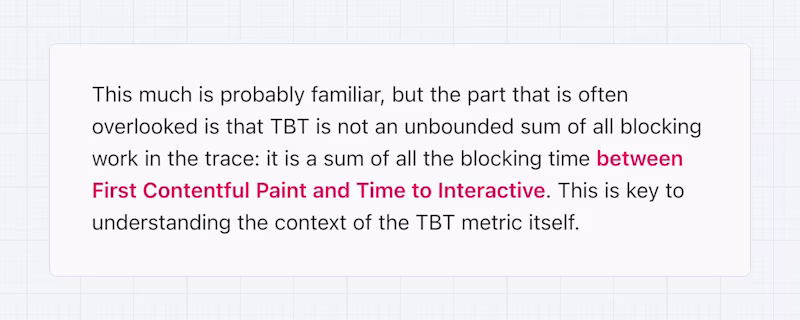 The part that is often overlooked is that TBT is not an unbounded sum of all blocking work in the trace: it is a sum of all the blocking time between First Contentful Paint and Time to Interactive..