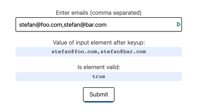HTML form including an email input accepting multiple email addresses