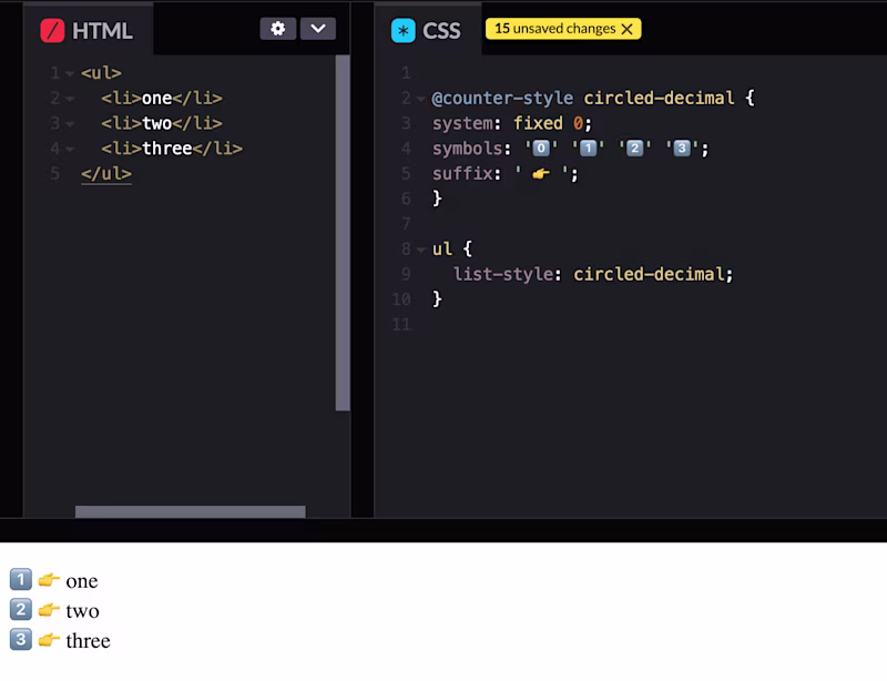 A @counter-style list example showing emoji numbers as list markers