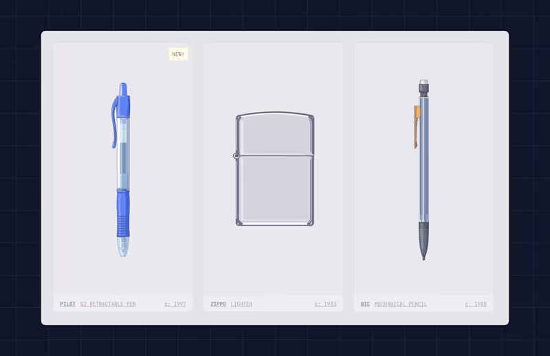 Three illustrations: a retractable pen, a zippo and a pencil