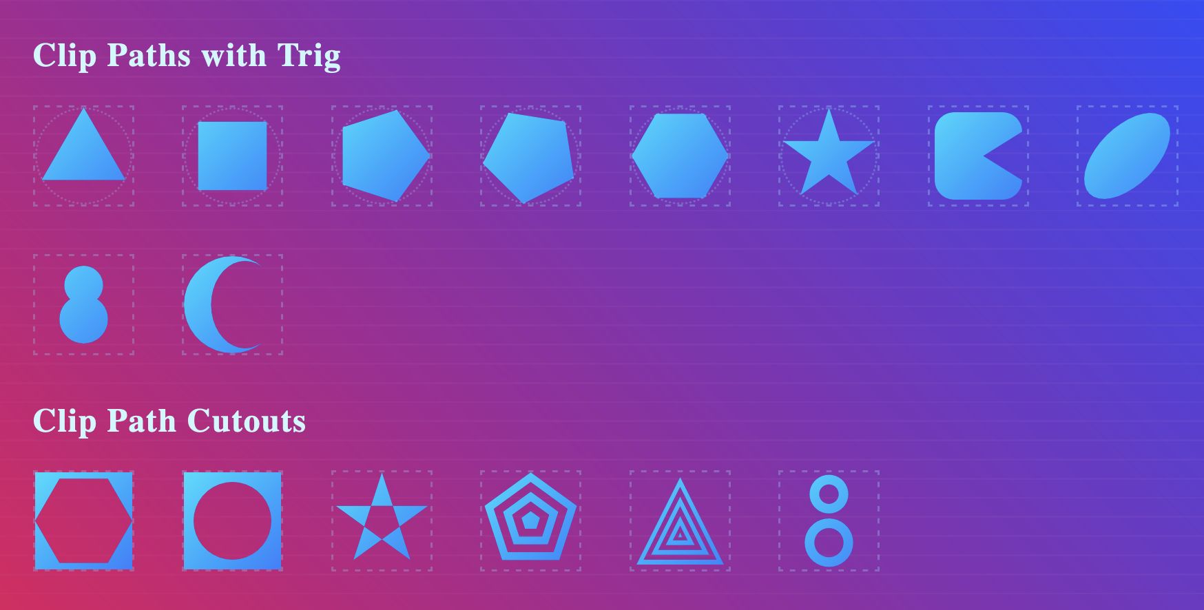 CSS-only shape examples like stars and ovals.