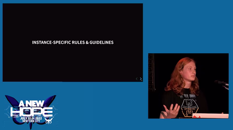 @rolltime on stage with a slide "Instance-specific rules & guidelines"