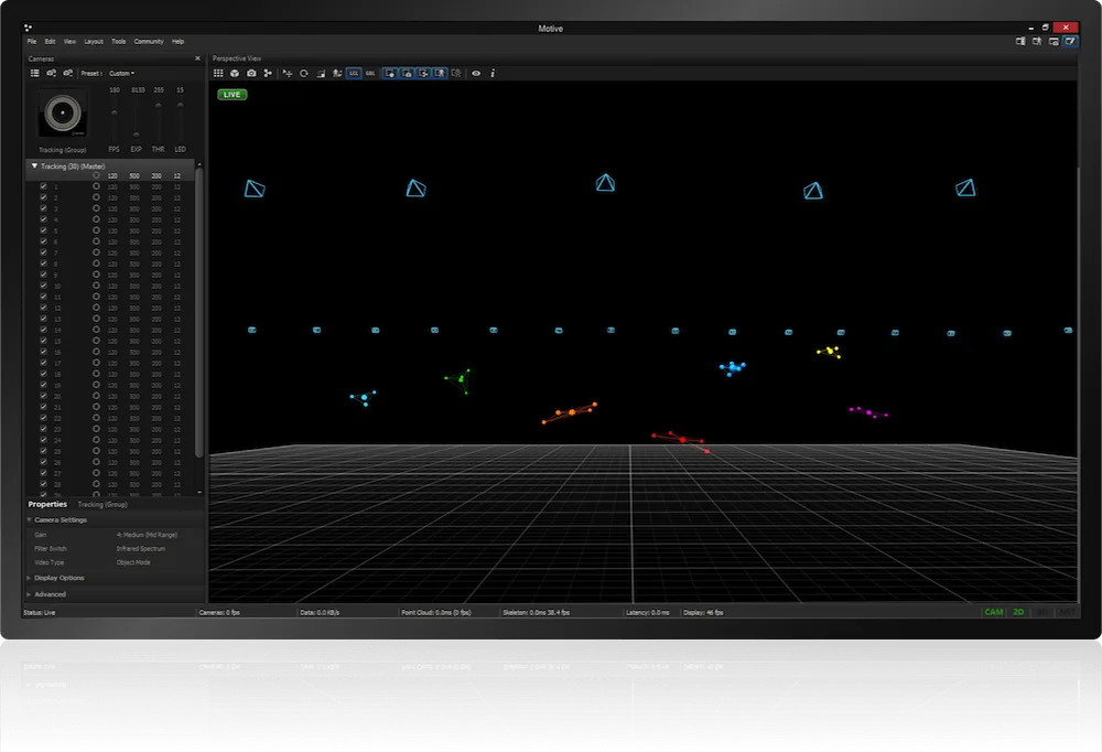 Application screen with various drones represented in different colors on a digital plane