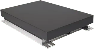 A Force Plate - a thin, rectangular black box on top of a silver metal mount