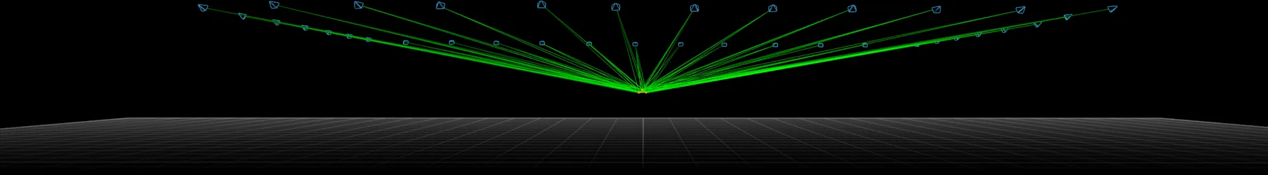 Digital depiction of a series of cameras around a film set each with a green line to show line of site to the drone in the middle of the screen.