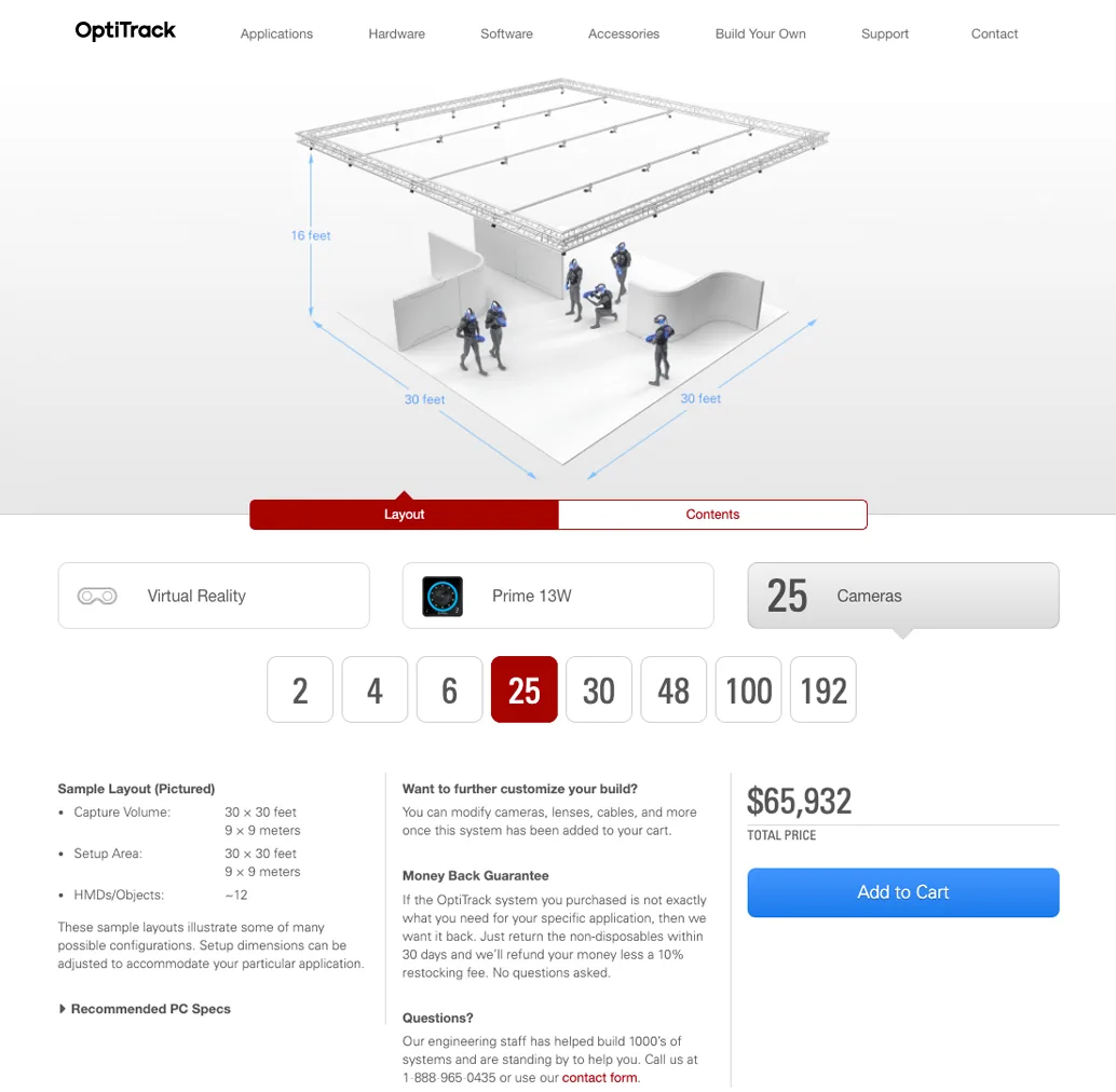 Screenshot of the OptiTrack "Build Your System" tool