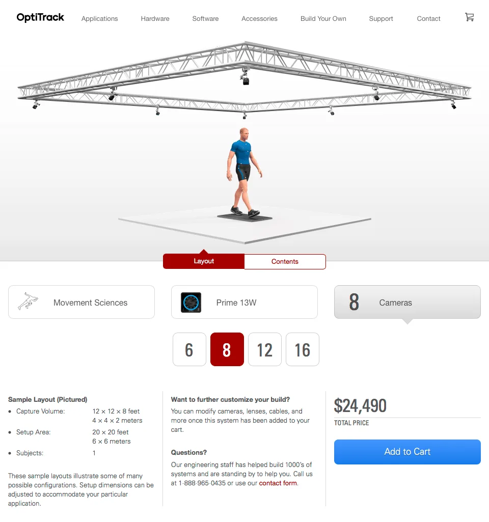 Screen shot of the "Build My System" functionality on the OptiTrack website using 8 Prime 13W cameras