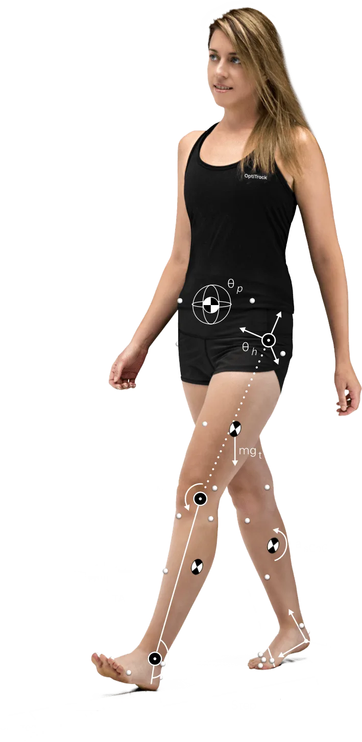 Female wearing black shorts and a black tank top with an overlay of scientific measurements of her movement