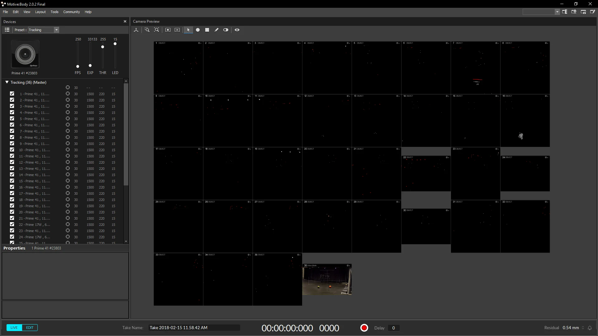 Application screen shot with an 8 X 5 table where each cell is filled with an image from the different cameras in an OptiTrack environment.  The last row only utilized the first four columns.