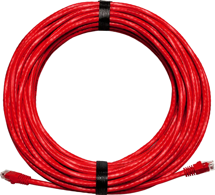 Red ethernet cable rolled into a circle with ties around the cable to keep it bound